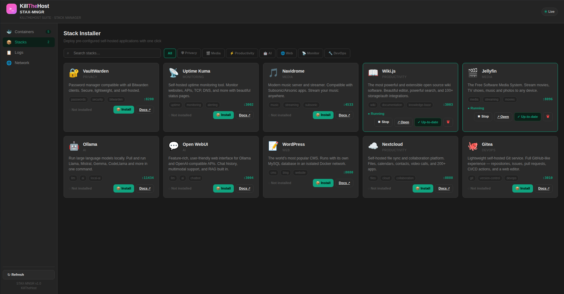 STAX-MNGR interface screenshot